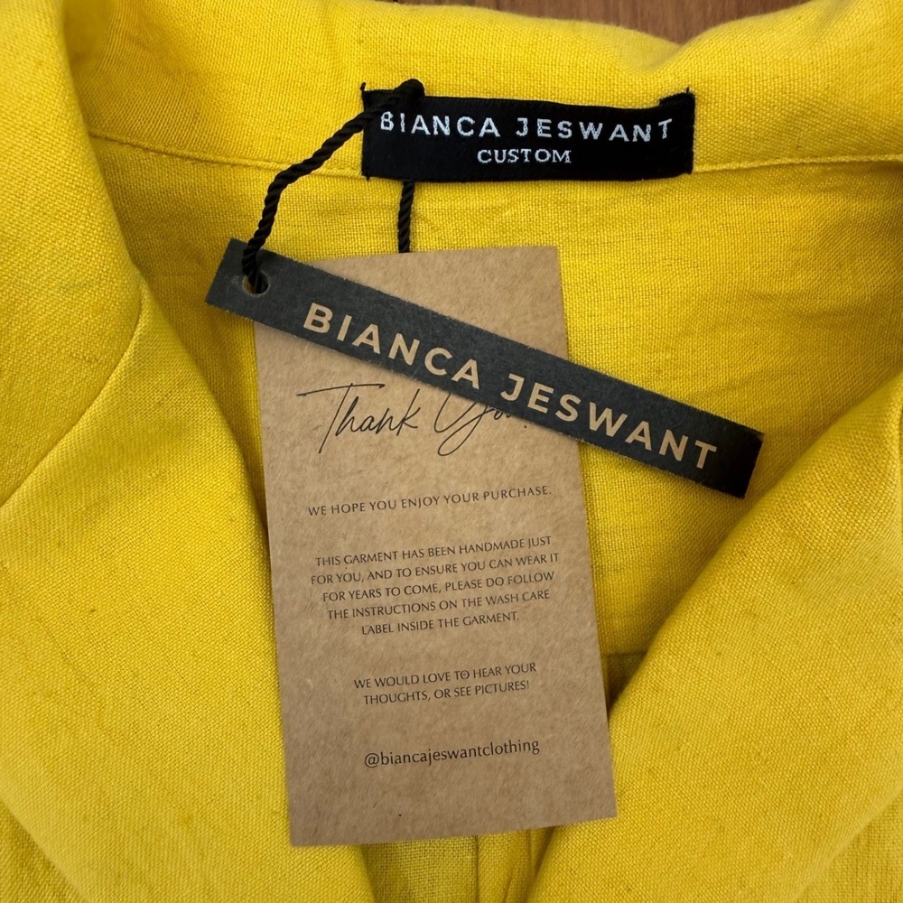 Bianca Jeswant XS Yellow Hand Embroidered Palm Tree 100% Cotton Camp Shirt NWT - Picture 4 of 5